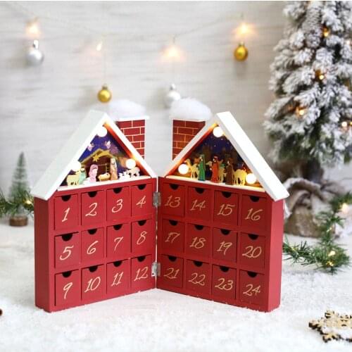 Wooden LED lights Advent calendar House Christmas nativity scene manger 24pcs drawer candy box gift Creative decorative For Kid