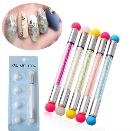 Double End Nail Art Gel Polish Color Gradient Brush + 4 Sponge Head Transfer Stamping Blooming Dotting Pen Manicure Tool