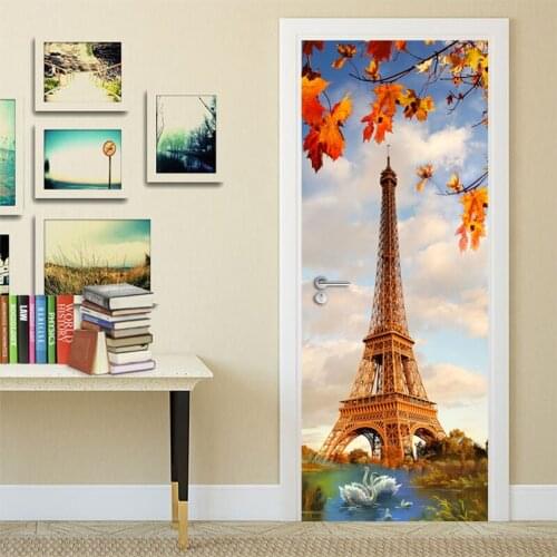 Eiffel Tower Swan Lake Modern Simple Living Room Bedroom 3D Door Decoration Sticker Wall Mural PVC Waterproof Wallpaper Painting