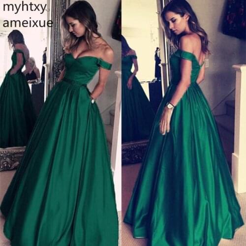 Custom Simple A-line Greed Prom Dresses With Pocket Off The Shoulder Long Formal Party Dress Dark Green Cheap Fiesta Graduacion