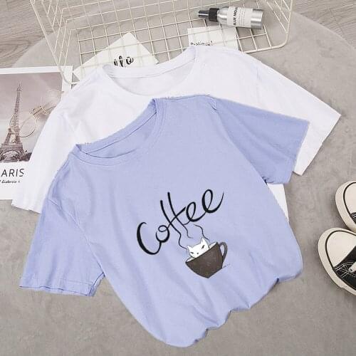 Coffee Cup 2020 Kawaii Cartoon Cat T Shirt Women Funny Ullzang T-shirt Casual Kpop 90s Printed Tshirt Short Sleeve Fashion Tops