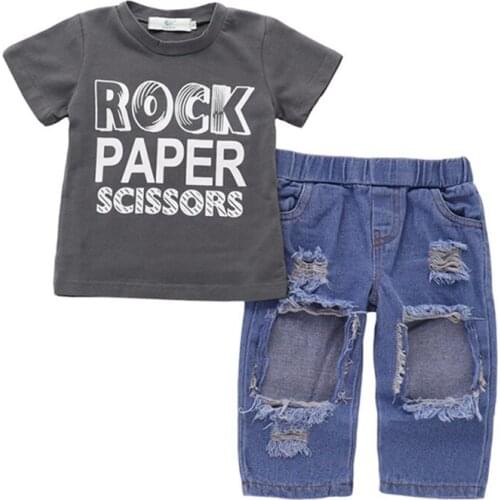 Summer Baby Boy Short Sleeve Letter Print T-shirt Tops+Hole Design Denim Pants Trousers Toddler Casual Outfits