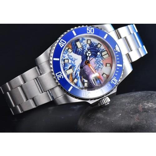 Kanagawa Surfing NH35A movement sterile mens automatic mechanical watch stainless steel strap blue ceramic ring hair C3 luminou
