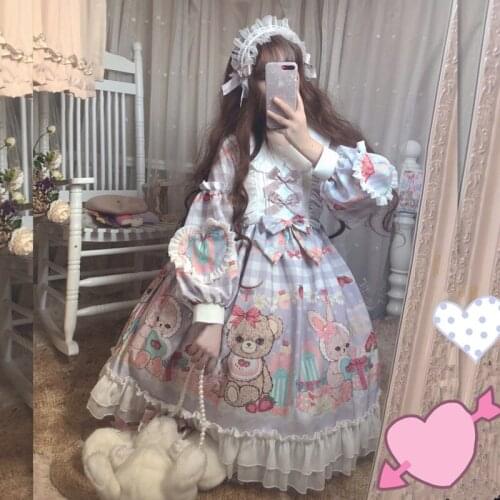 Princess tea party sweet lolita dress vintage lace bowknot cute printing victorian dress kawaii girl gothic lolita op loli cos