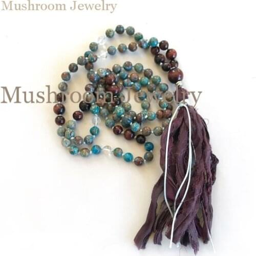 MJN1812018 Boho Chic Hand Knotted Agates Tiger Eye,white quartz Beaded Sari Silk Tassel Necklace