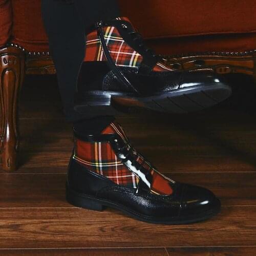 Mens Shoes Fashion Classic Personality PU Stitching Red Plaid Fabric High-top Lace-up Low-heel Comfortable Short Boots 6KF330