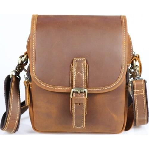 Mens Shoulder Bag Vertical Genuine Leather Cover Lid Retro First Layer Cowhide Leather Satchel Crazy Horse Leather Mens Bag
