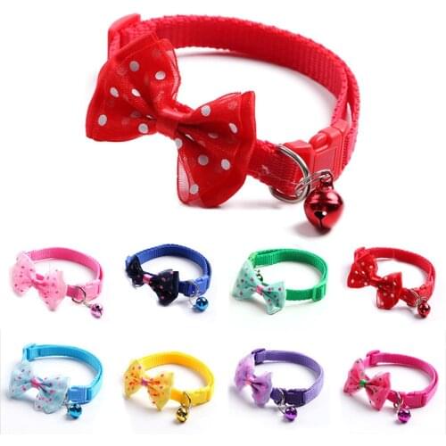 Nylon Fabric Pet Collar Polka Dot Bow Dog Neck Strap Puppy Cat Buckle Bell Necklace Solid Color Dogs Neck Chain Pet Supplies