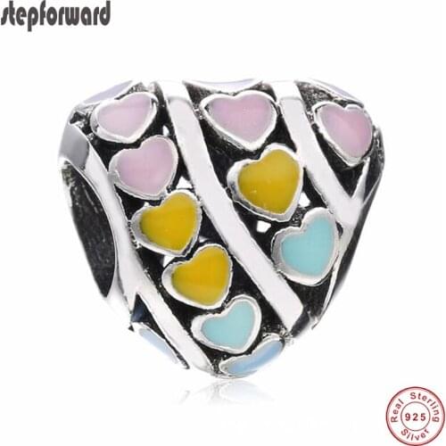 New Collection Good Quality Beautiful Enamel 925 Real Silver Rainbow Heart Charm Fit European Famous Bracelet