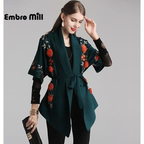 Autumn And Winter wool knitting Coat Folk Style embroidery flower Raglan sleeve Loose elegant Open Stitch Coat plus size M-5XL