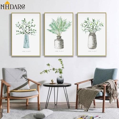 Posters and Prints Nordic Modern Green Natural Vase Flowers Wall Art Canvas Painting Wall Pictures for Living Room Home Decor