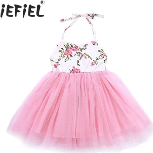 Casual Summer Girls Dress Floral Print Halter Neck Sleeveless Tutu Dress Birthday Party Cute Princess Dress Girls Kids Clothes