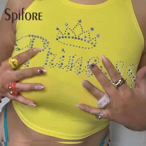 Spifore Diamond Letter Tank Top Yellow Sleeveless Sexy Bodycon Women Crop Tops Streetwear Pink Black Summer Ladies Outfits