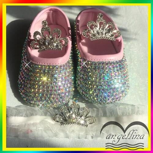 Custom Bling crystals crown Rhinestones Baby girls shoes infant 0-1Y ribbon Princess shoes First Walkers hairband AB COLOR