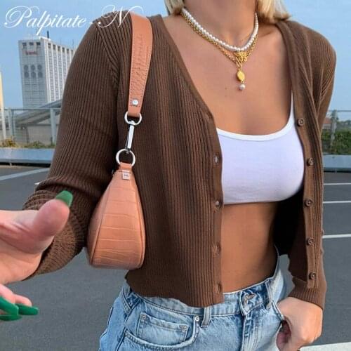 Long Sleeve Basic Brown Womens T-Shirt Streetwear Korean Style Botton Up Female Shirt Autumn Casual Gothic Crop Tops