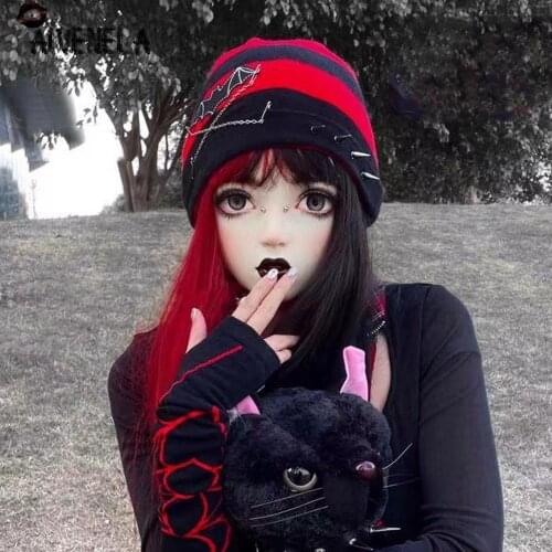 Harajuku Gothic Punk Striped Patch Chain Hat Cape Autumn Winter Knitwear Streetwear Rock Rivet Hats AFC1285