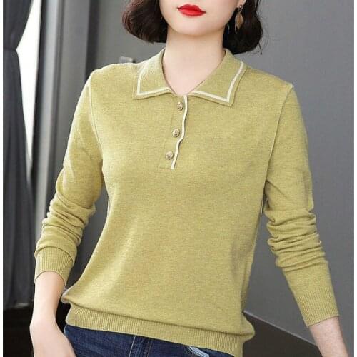 2021 New Autumn Winter Women Sweater Turn Down Collar Solid Color Long-sleeved Knit Pullover Sweater Buttons Female Tops Y167