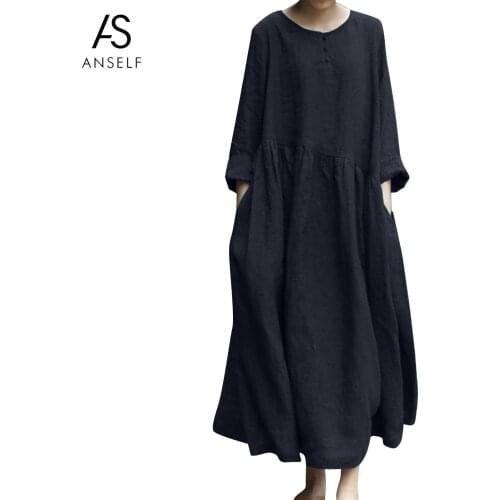 Anself Vintage Long Sleeve Dress Women Cotton Linen Dress O Neck Irregular Splicing Robe Loose Plus Size S-5XL Maxi Dress Femme