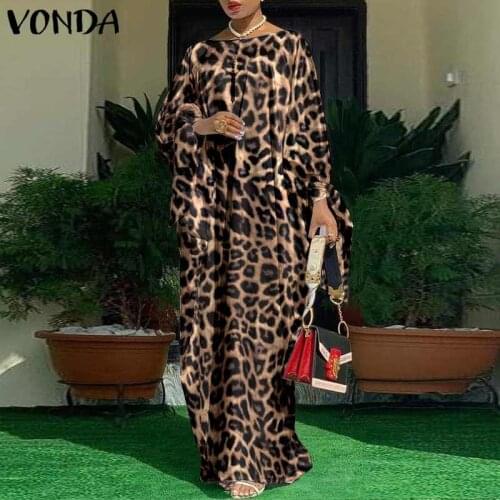 Sexy O Neck Vintage Leopard Printed Dress 2021 VONDA Women Casual Long Sleeve Pleated Autumn Dresses Bohemian Vestidos Femme