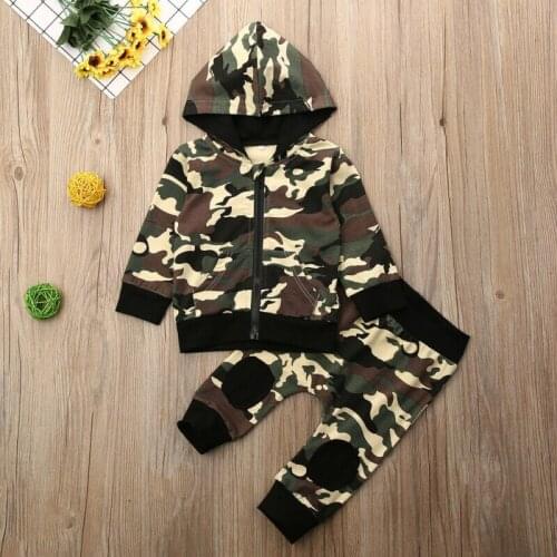 2pcs Baby Kids Boys Camoflage Long Sleeve Coat + Pants Outfits Clothes Set Hooded Long Sleeve Tops Suit