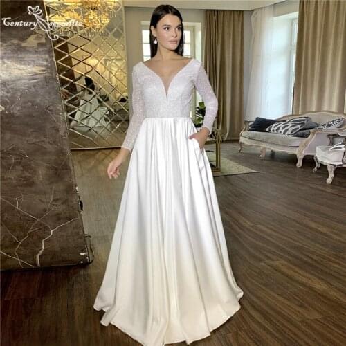 Sparkle Wedding Dresses for Women Long Sleeve V-Neck Lace Up A-Line Simple Satin Bridal Gowns Bride Dress Vestido De Noiva