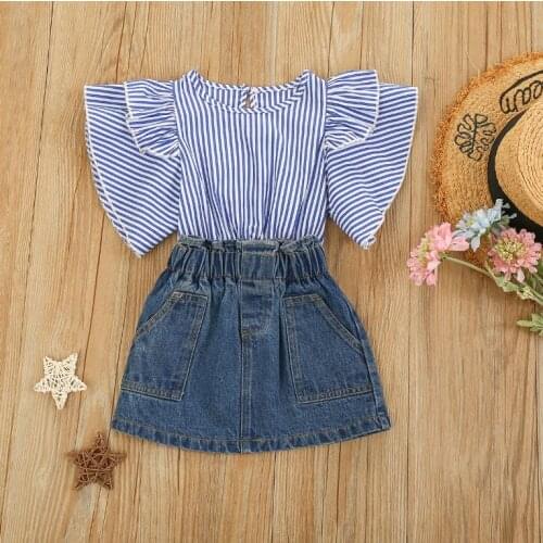Summer Kids Baby Girls Fashion Clothes Outfit Set Fly Sleeve Striped Blouse Tops Denim Skirt Set Childrens Sets