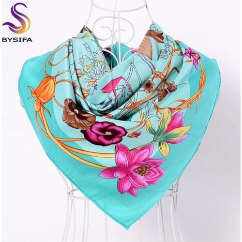 [BYSIFA] Blue Green Silk Scarf New Chinese Style Floral Design Twill Square Scarves Printed Autumn Winter Women Hijab Scarves