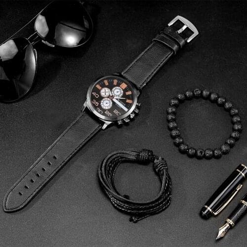 Men Bracelets Black Quartz Watch Gift Set Roman Digital Dial Clock Leather Bands Pin Buckle Black Hand Belt Present for Friend