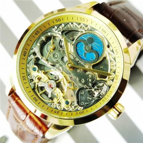 Forsining 2020 Mechanical Automaitc Watches For Men Top Brand Luxury Golden Clock Leather Strap Moon Phase Horloges Mannen Colck
