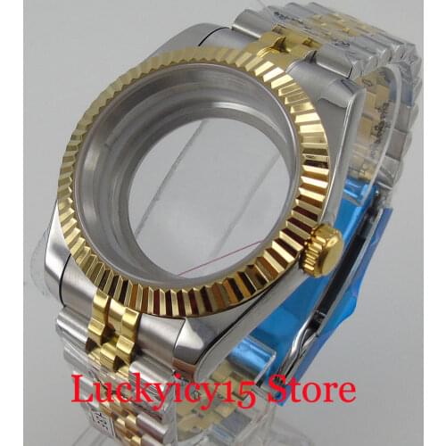 Nologo 36mm Fluted Two Tone Gold Coated Watch Case fit NH35A NH36A Glass/Solid Back Steel Jubilee Strap