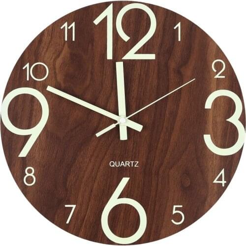 Wooden Silent Non-Ticking Kitchen Wall Clocks With Night Lights For Indoor Outdoor Living Room Luminous Wall Clock 12 Inch