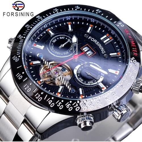 Forsining Tourbillion Design Silver Steel Mens Automatic Sport Mechanical Wrist Watches Top Brand Luxury Male Clock Relogio