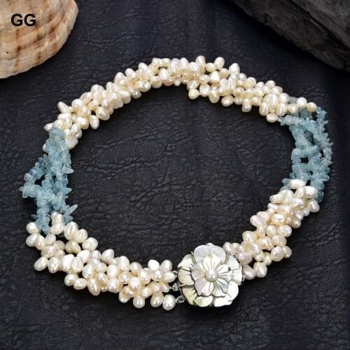 GuaiGuai Jewelry Genuine 4Strands Natural Blue Aquamarine Chips Semi-precious Stone Natural Fancy White Pearl Necklace