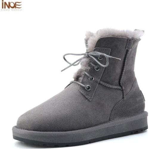 INOE Real Sheepskin Suede Leather Women Short Winter Snow Boots Natural Wool Fur Lined Warm Shoes Waterproof Lace Up Grey Flats