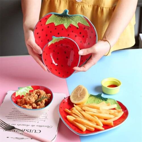 Ceramic Cute Strawberry Salad Bowl Creative Breakfast Fruit Plate Household Dessert Dish Children Dinner Plate Tableware Set