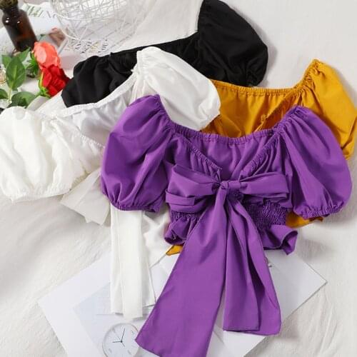 Summer Women Slash Neck Puff Sleeve Off Shoulder Sexy Bandage Strap Bow Shirt New Lady Short Elastic Slim Waist Chic Blouse Tops