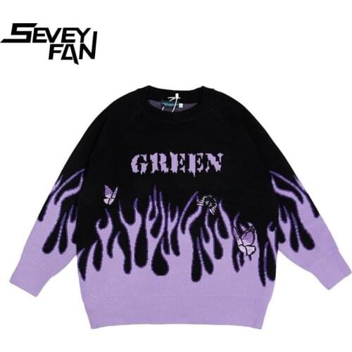 Seveyfan Mens Harajuku Butterfly Flame Sweater Hip Hop Gradient Cotton Pullover Knitwear for Couples