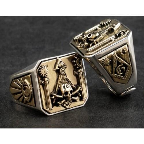 Real 925 Sterling Silver Men`s Skull Symbol Mason Freemasonry Masonic Sun Moon Jewelry Gift A4519