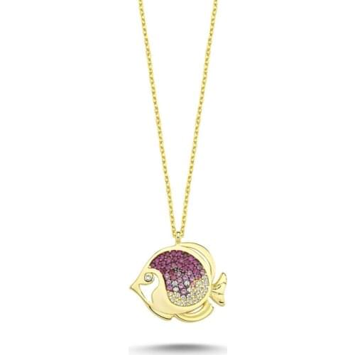 Silverlina Silver Pink Grayscale Zircon Fish Necklace