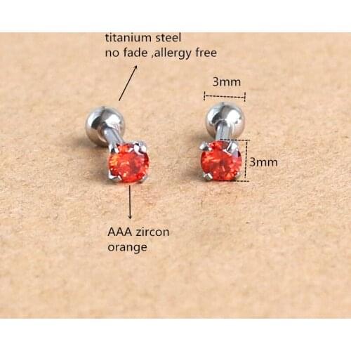 Titanium Screw Stud Earrings With 3mm Orange AAA Zircon 316L Stainless Steel No Fade No Allergy