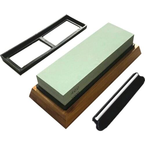 Knife Sharpening Stone Sharpener 2 Side Grit 400/1000 Whetstone with Non-slip Silicon Holder Bamboo Base Angle Guide Sharpener