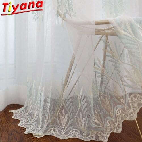 Rural Green Grasses Tree Embroidery Tulle Curtains for Living Room Tree Leaves Curtains Yarn for Bedroom X-M243*VT