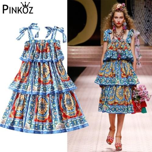 Pinkoz Vintage Ruffles Lace Bow Elegant Holiday Dress Designer Runway Style Printed Fashion Loose Spaghetti Strap Cake Dresses