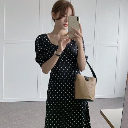 Vintage French Square Collar Puff Sleeve Polka Dot Dress 2021 Summer New Korean One-Piece Office Ladies Chic Casual Midi Dress
