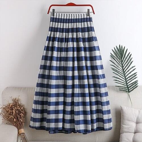 Women Plaid Skirt Japanese Style High Waist Elastic Waist Big Swing A-line Pleated Fashion Casual Female Mid-length Skirt 2021
