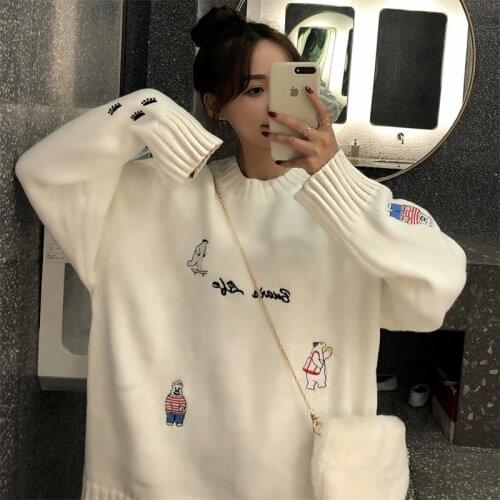 Womens Sweaters Japanese Kawaii Ulzzang Loose Cute Cartoon Embroidery Sweater Female Korean Vintage Harajuku Clothing For Women