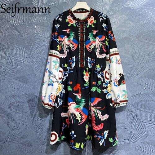 Seifrmann New 2021 Summer Women Fashion Runway Party Midi Dress Lantern Sleeve High Waist Floral Print A-Line Dresses Vestidos