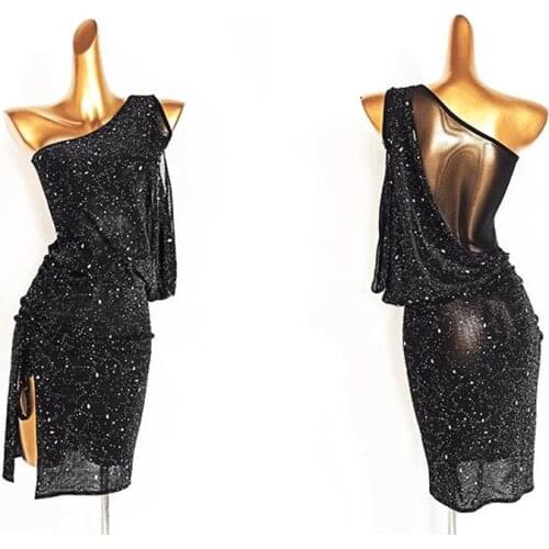 New Latin Dance Dress For Women Latin Practice Clothes Slanted Shoulder Mesh Dress Latin Performance Dance Costumes DN9781
