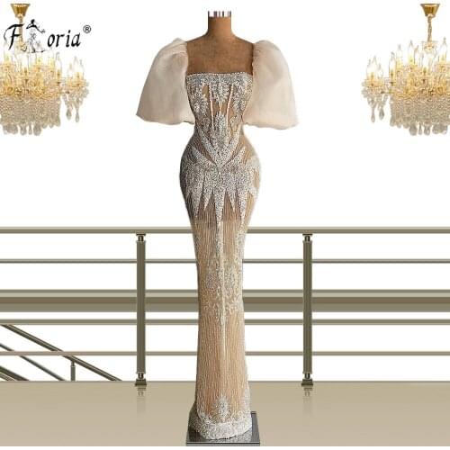 Luxury Champagne Long Evening Dress 2021 Sparkly Puffy Sleeves Beaded Crystals Formal Women Evening Gowns robe de soiree