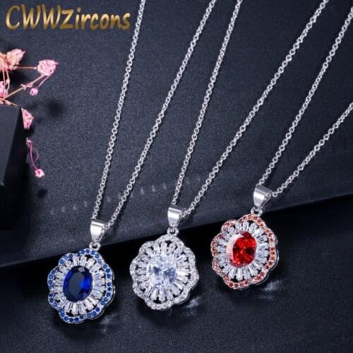 CWWZircons Shiny Blue Red White Cubic Zirconia Crystal Drop Pendant Necklace for Women Fashion Accessories Jewelry Gift CP043